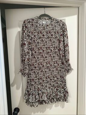 Veronica Beard Smocked Floral Long-Sleeve Mini Dress in Cream and Burgundy